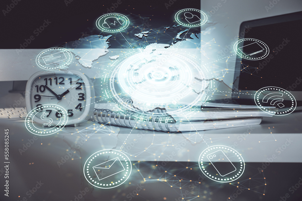 Poster computer on desktop with social network theme icon. multi exposure. concept of international connect