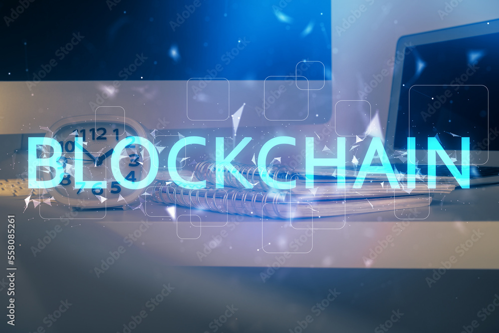 Aufkleber Multi exposure of blockchain theme hologram and table with computer background. Concept of bitcoin crypto currency.
