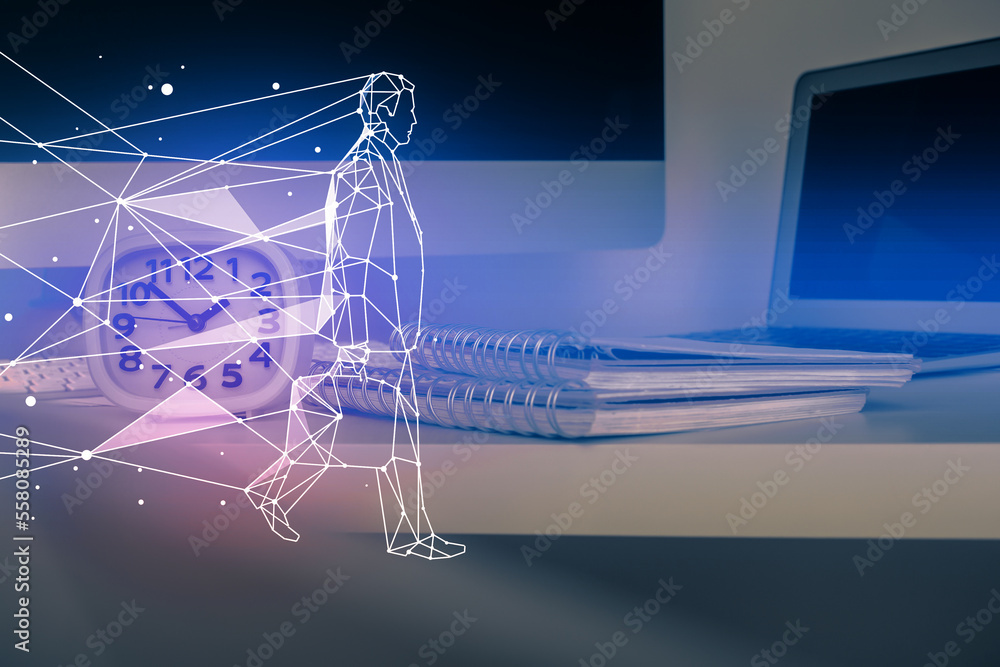 Poster desktop computer background in office and start up theme hologram drawing. double exposure. startup 