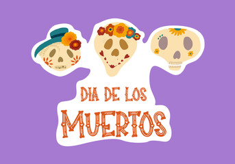 Day of the death stickers with cute skull. Dia de los muertos - Spanish phrase