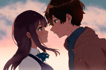 Anime girl and boy, romantic, relationship and valentines day concept. AI
