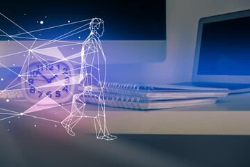 Desktop computer background in office and start up theme hologram drawing. Double exposure. Startup concept.