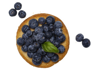 Top view of golden toasted round rusk toast aka beschuit with blueberries on top and on the side. Isolated cutout on transparent background.