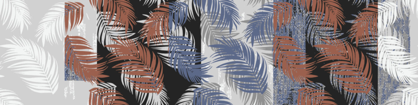 Palm leaves. Tropical seamless background pattern. Graphic design with amazing palm trees suitable for fabrics, packaging, covers. Set of vector posters. brown, blue, sand, striped  digital print