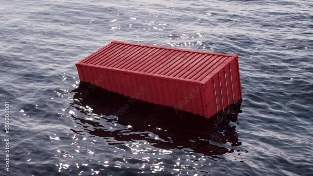 Poster loop animation of cargo container floating in the ocean , 3d rendering.