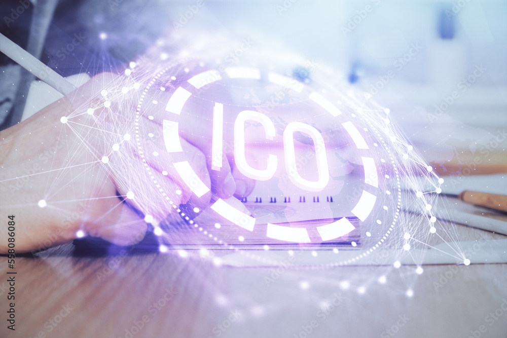 Poster Man's hands working with notes background. Cryptocurrency and finance concept.