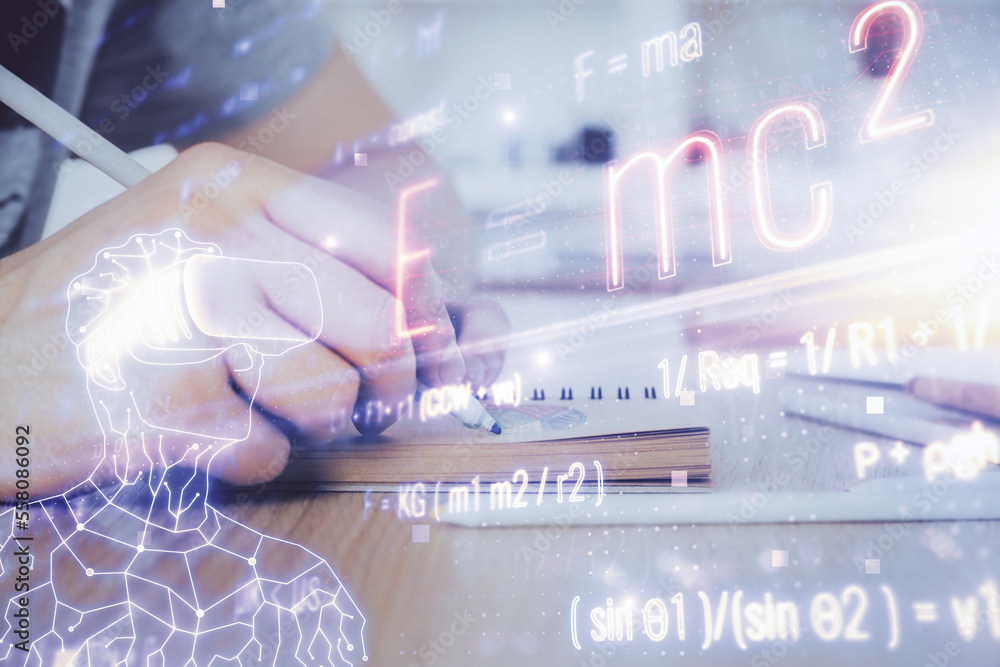 Poster student or teacher with mathematical and scientific formulas. concepts of education.
