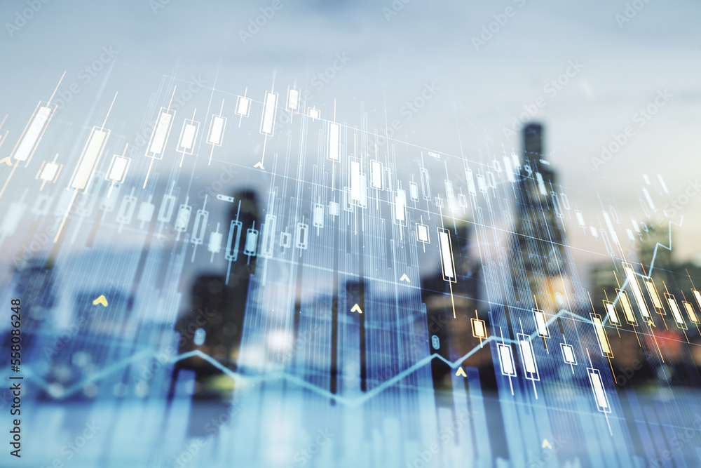 Poster multi exposure of virtual abstract financial graph interface on blurry skyscrapers background, finan