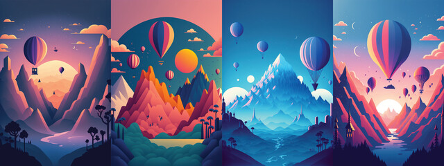 Group of 4 beautiful colorful atmospheric landscapes with mountains, balloons, and birds in the style of minimalistic flat art designs