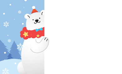 White polar bear holding a blank white signboard template with winter scenery in background.