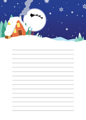 Fototapeta na wymiar Christmas lined letter template with Winter background, cute winter cabin in snowy mountain with santa claus silhouette at moon. Christmas wish list template.