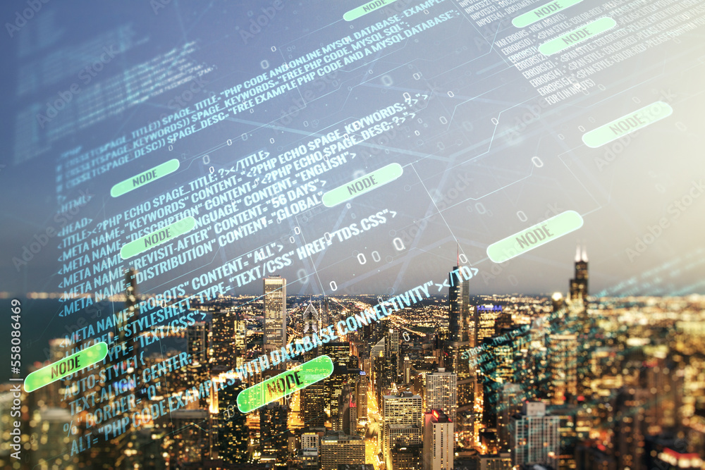 Poster multi exposure of abstract graphic coding sketch on chicago cityscape background, big data and netwo