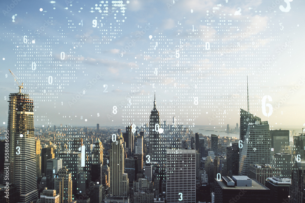 Aufkleber abstract virtual coding illustration and world map on new york cityscape background, international s