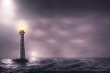 Fototapeta premium lighthouse in the middle of a storm at sea with rain dark and cloudy