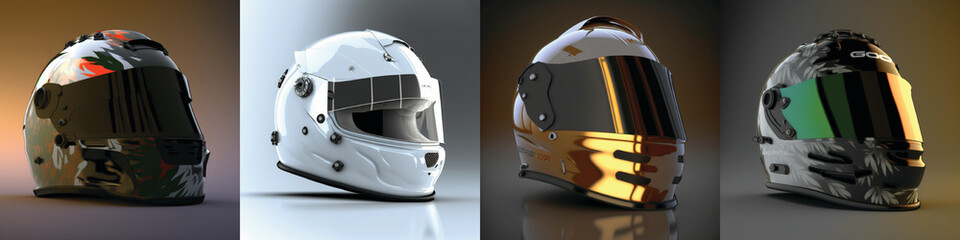 Motorcross motorsports high speed helmet design renders with gradient background and unique modern futuristic racing visor concepts