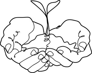 One line drawing of sprout in hand. Seedlings grow in the hands of trees. Environment Earth Day single line vector art. Concept of growing and love earth. Hand-drawn illustration. Vector
