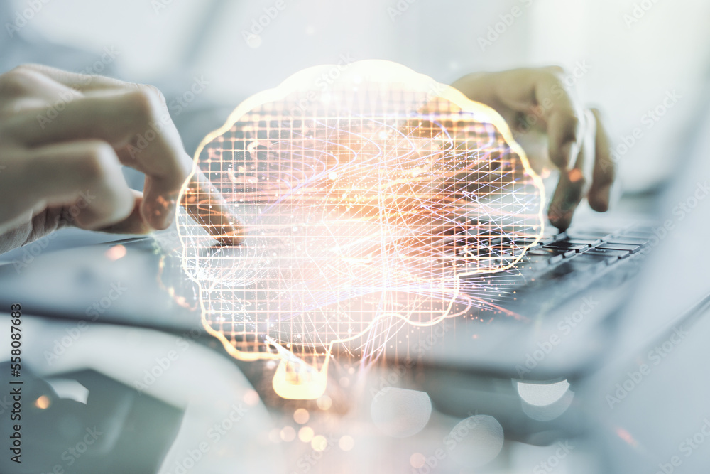 Poster double exposure of creative artificial intelligence symbol with hands typing on laptop on background
