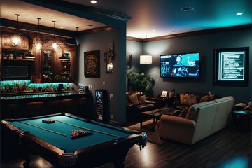 a modern interior design room with a pool table, couches and a television generative ai