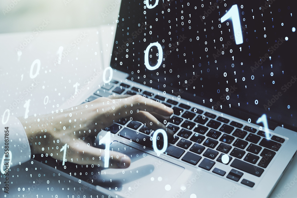 Leinwandbilder double exposure of creative abstract binary code hologram and hands typing on laptop on background. 