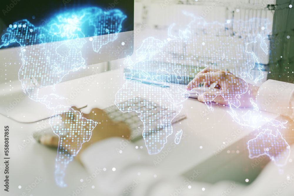 Aufkleber double exposure of abstract digital world map and hand typing on laptop on background, big data and 
