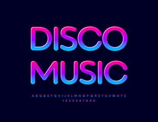 Vector trendy flyer Disco Music. Color gradient Font. Stylish set of Alphabet Letters and Numbers