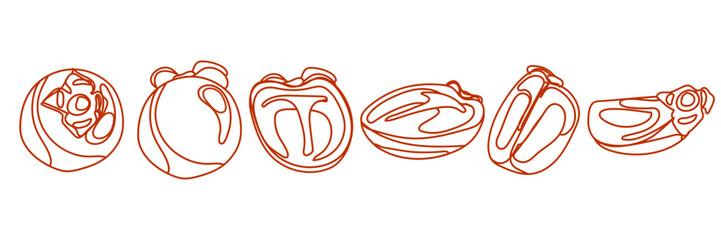 A set of linear drawings of persimmons on a white background. Orange lines on a white background. Peel the persimmon whole and cut into different parts. Packaging, an icon for a fruit brand. Icon