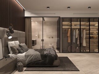 Big Bedroom with glass wardrobe and access to the bathroom. Corner cabinet, transparent doors, bathroom door. 3d render, illustration.