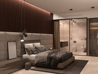 Big Bedroom with glass wardrobe and access to the bathroom. Corner cabinet, transparent doors, bathroom door. 3d render, illustration.