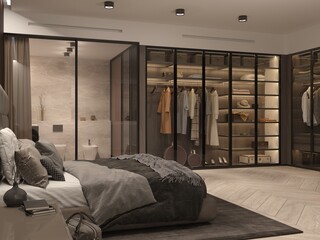 Big Bedroom with glass wardrobe and access to the bathroom. Corner cabinet, transparent doors, bathroom door. 3d render, illustration.