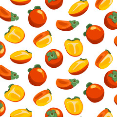 Vector seamless pattern with cartoon persimmon isolated on white. Juice fruit. Illustration used for magazine, book, poster, card, menu cover, web pages. Brand packaging.