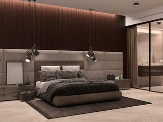 Modern Bedroom design in beige and brown, bed with upholstered headboard, ceiling lighting and pendants, bathroom behind glass door. 3d rendering, illustration