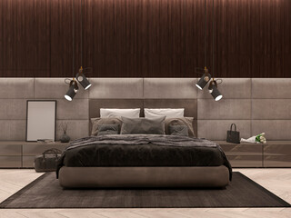 Stylish dark black bedroom interior with master bed, bedside tables, upholstered headboard, pendant lights and accent lighting, wood wall panel, 3d render, illustration