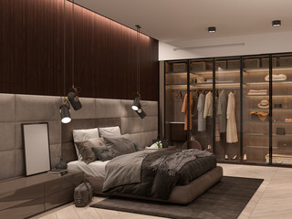 Stylish dark black bedroom interior with master bed, wardrobe with sliding glass doors, hanging lamps. 3d render, illustration