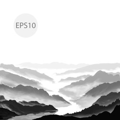 Ink wash oriental landscape. Mountains, rivers painting. Black and white monochrome illustration with hills, fog, water reflections. Peaceful sketch for relax, zen meditation. Square vector design. - 558088047