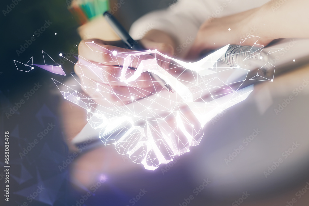 Poster handshake drawing over hands taking notes background. concept of success. double exposure