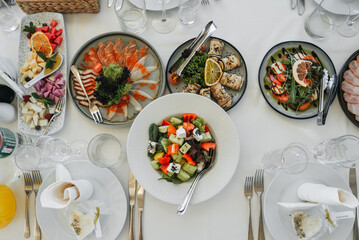 Food on the table. Dishes. Wedding table. Serving.	