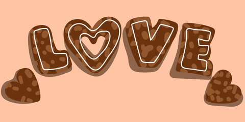Letters love in the form of cookies with icing. Ginger cookies in the shape of letters with a contour of glaze. Background for printing a postcard with cookies