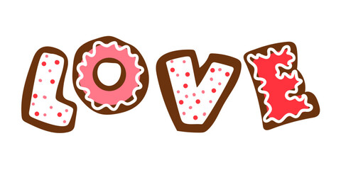 Letters love in the form of cookies with icing. Ginger cookies in the shape of letters with a contour of glaze. Background for printing a postcard with cookies