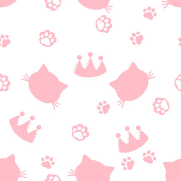 Seamless pattern with cat kitten cartoons, paw print and pink crowns on white background vector illustration.