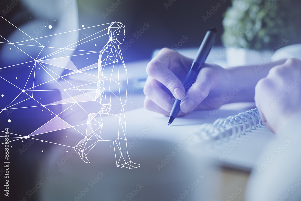 Poster start up creative drawing over close up hands on background. concept of brainstorming. multi exposur