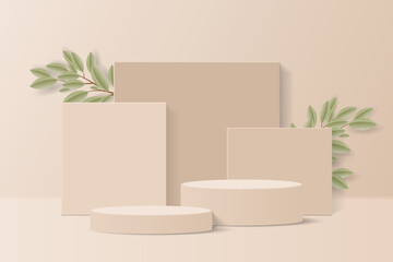 beige or brown pastel color minimal scene in studio room. realistic 3d brown cylinder podium pedestal stand with rectangle shape overlap, tree branch, leaf. Product display Presentation.