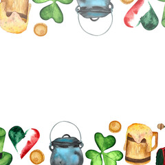 Frame st patrick's day wreath green leprechaun hat and shoe, irish flag heart tricolor, coin, green clover shamrock, pot of gold, wooden mug of foamy beer. watercolor.