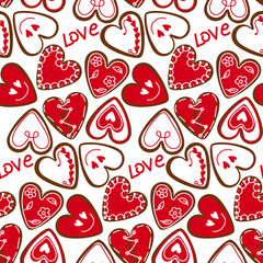 A pattern of a set of hearts of the same color in the form of cookies with icing. Ginger cookies in the shape of hearts with a different kind of glaze. Background for printing holiday packaging