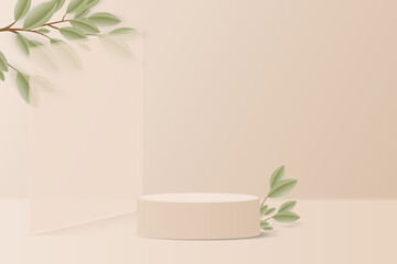 beige or brown pastel color minimal scene in studio room. realistic 3d brown cylinder podium pedestal stand with tree branch, leaf and rectangle glass shape. Product display Presentation. 