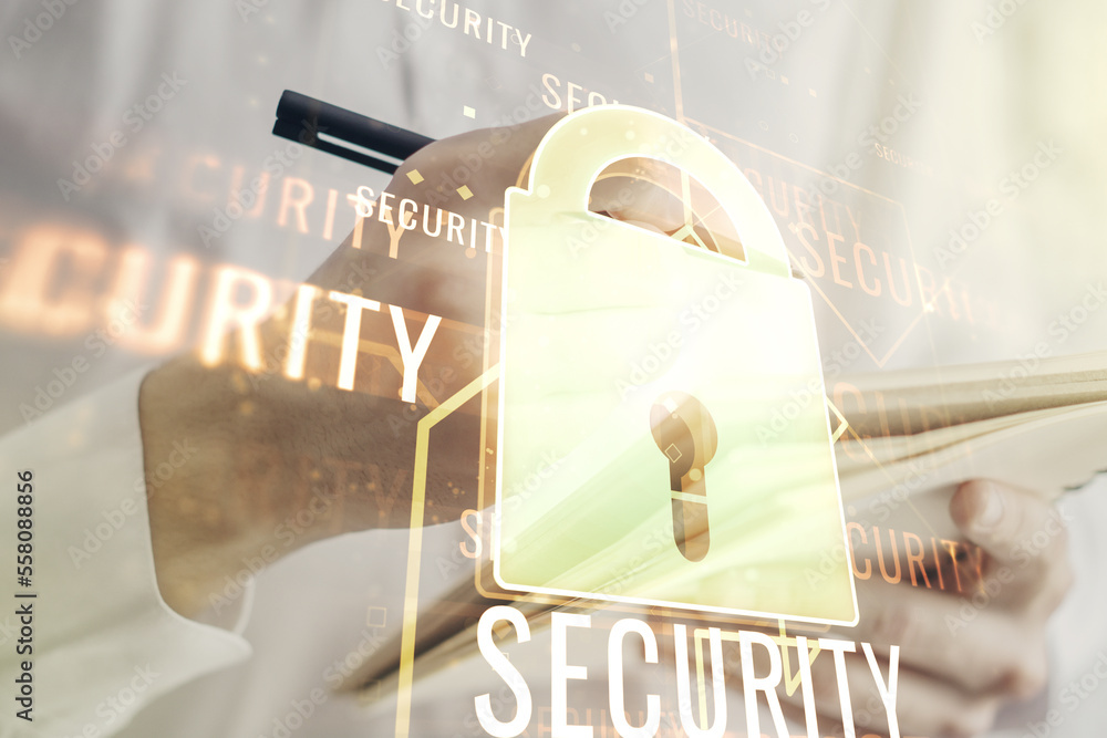 Poster double exposure of creative lock hologram with chip and man hand writing in notebook on background. 