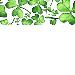 Fototapeta premium Frame of green clover shamrock symbol of Patrick. watercolor. on isolated white background, hand drawn. Perfect for card design, invitation, scrapbooking, fabric printing.