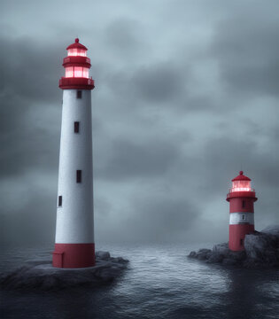 two red and white lighthouse on separate islands in the middle of the sea