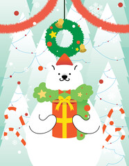 Christmas card vector illustration. Santa bear offering gift. Winter trees background with christmas decorations.