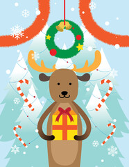 Christmas card with reindeer giving present, christmas vector illustration, trees background with decorations and candies, Christmas gift