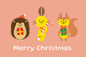 Christmas vector card, three cute animals holding gifts and candies, hedgehog, bunny and squirrel. Christmas cartoon animals isolated vector set.